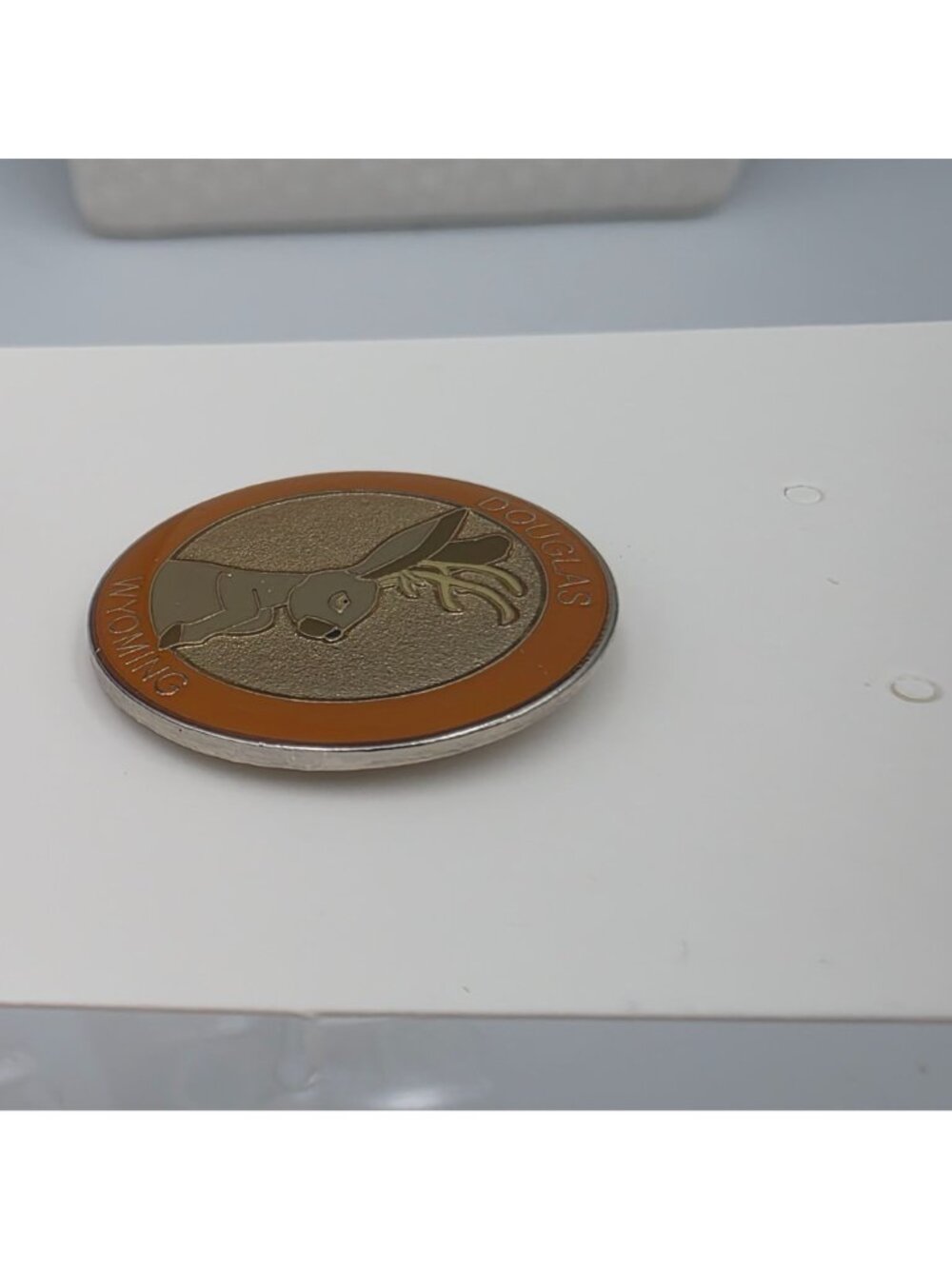 Douglas Wyoming Jackalope Souvenir Pinback Badge Orange & Gold Enamel Finish - Picture 3 of 6